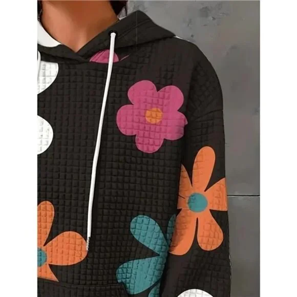 Floral Print Textured Drawstring Hoodie - Picture 3 of 11